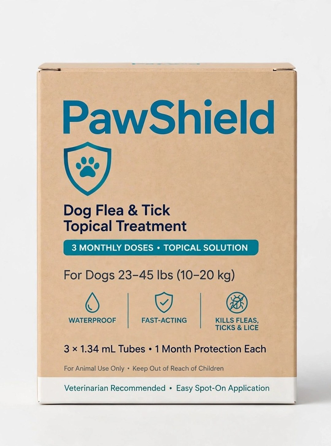 AI-generated product illustration: PawShield flea and tick treatment box, Offer A