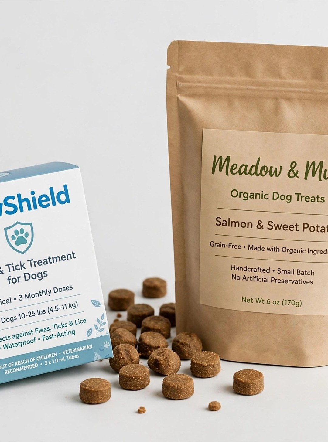 AI-generated product illustration: PawShield flea and tick treatment box with Meadow and Mutt organic dog treats, Offer B